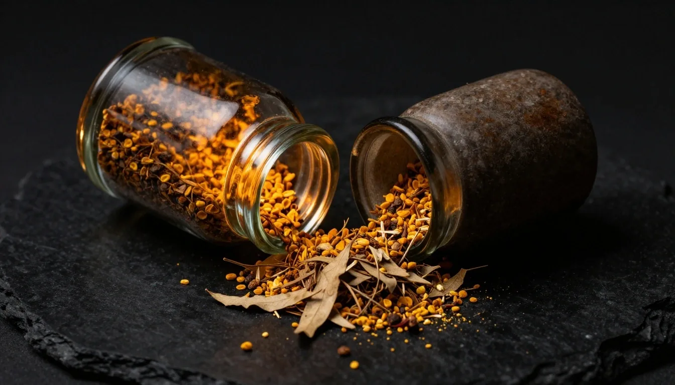 Natural supplement ingredients on a dark surface under overhead light