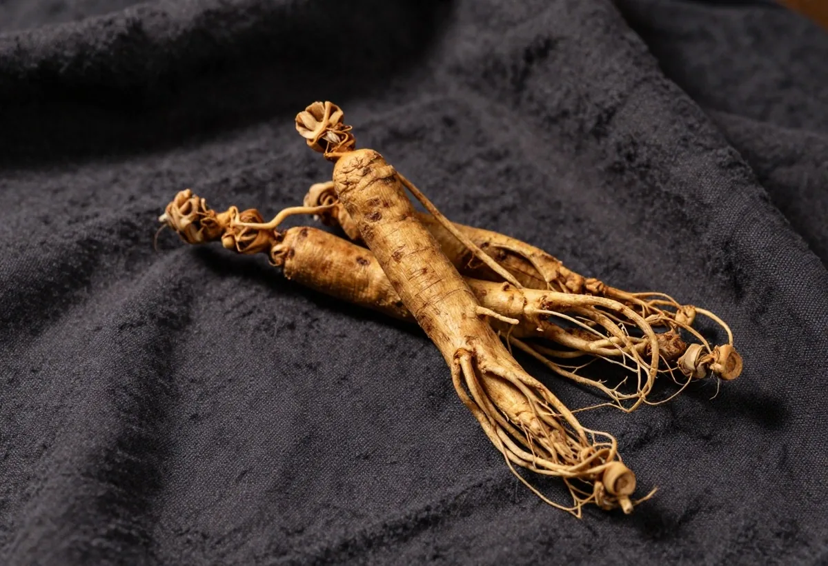 Dried ginseng root on a dark surface