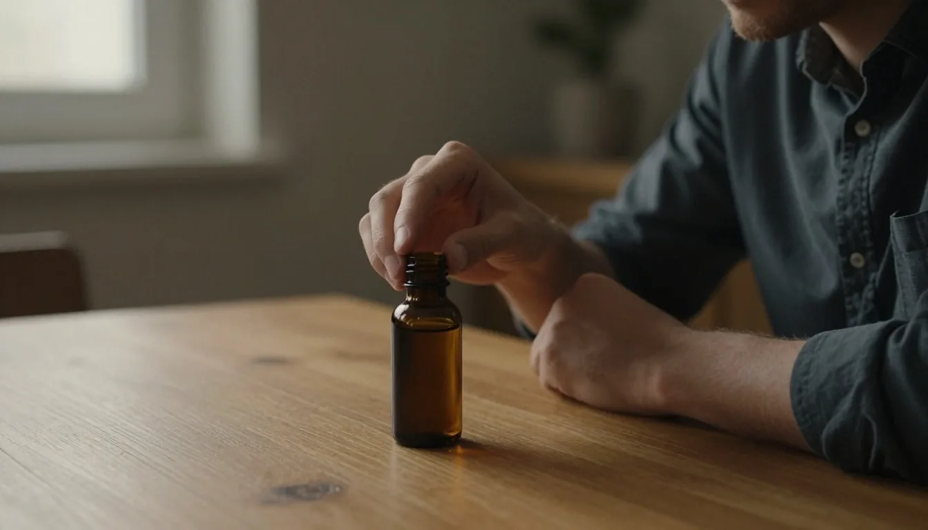 A man reading a supplement label at a table
