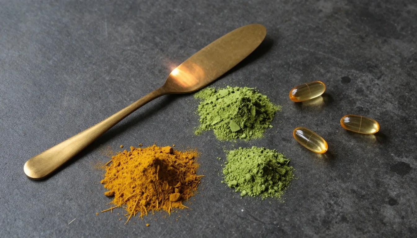 Capsules and powders on a dark surface