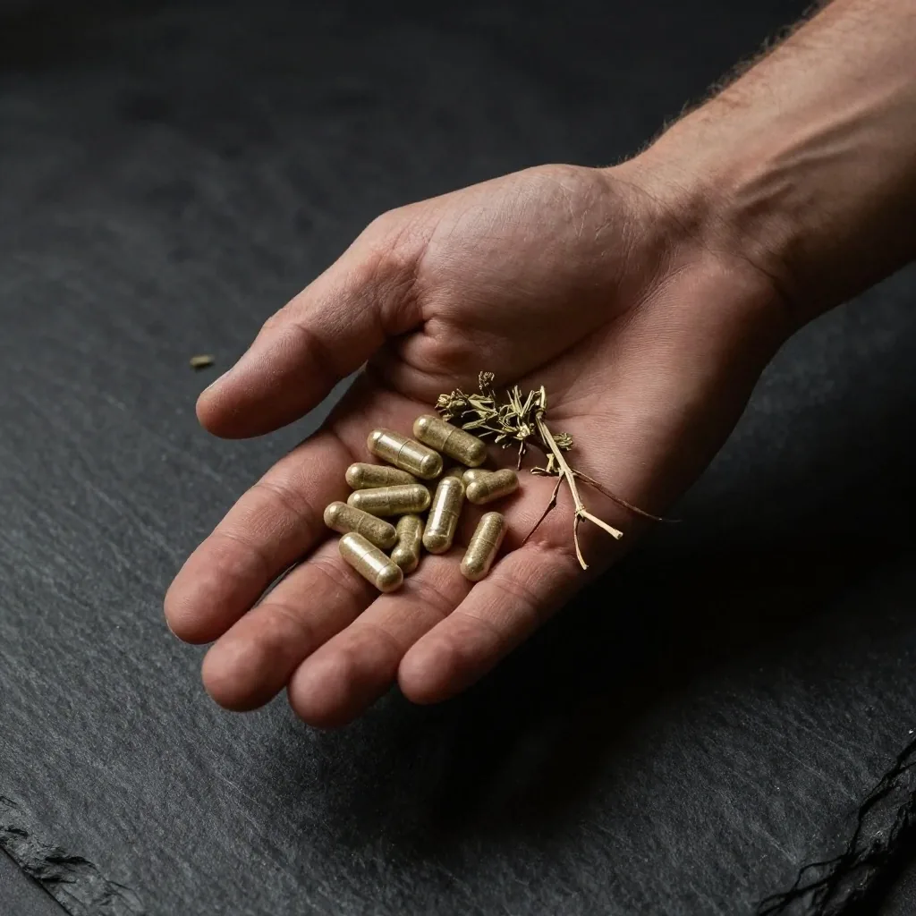 Hand holding botanical capsules over a dark surface