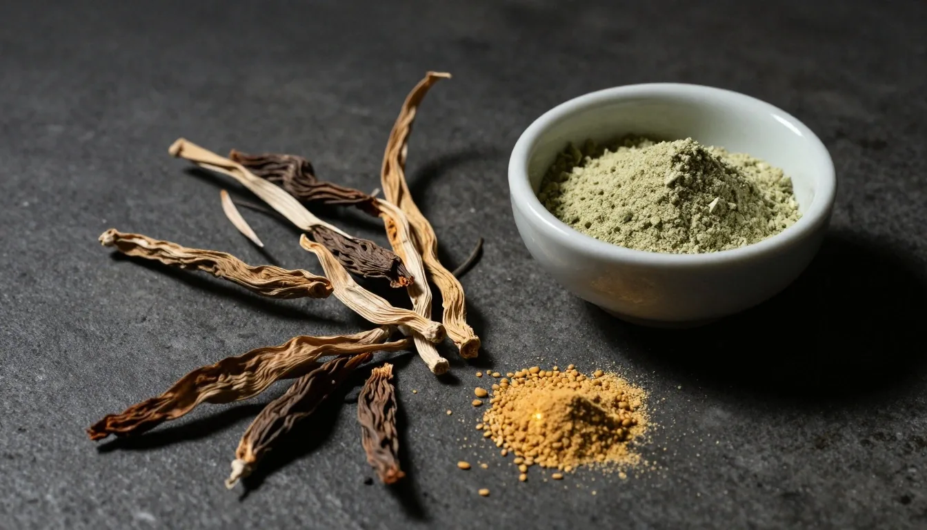 Natural supplement ingredients on a dark surface under overhead light