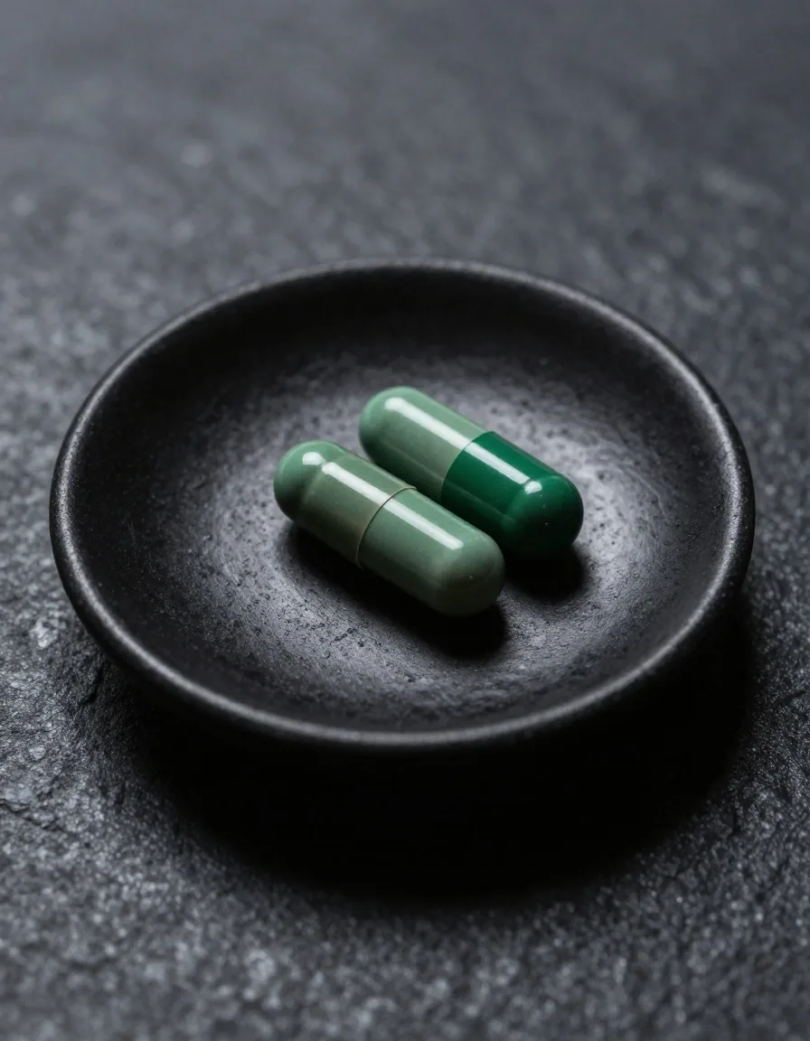 A multivitamin tablet on a dark plate under overhead light
