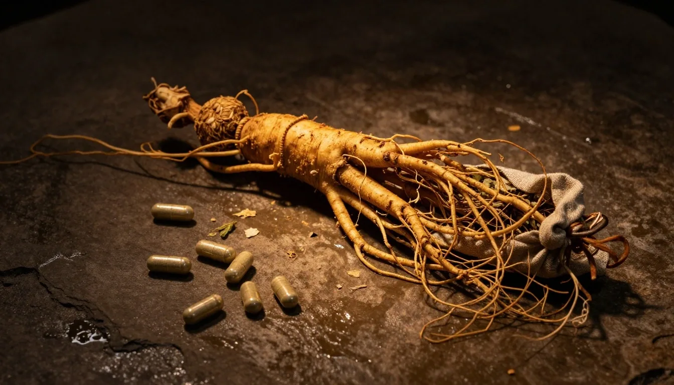 Natural supplement ingredients on a dark surface under overhead light