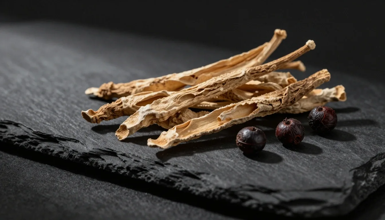Botanical ingredients on a dark surface