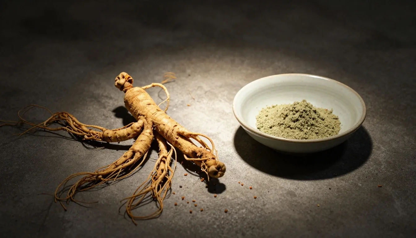Natural supplement ingredients arranged on a dark surface under overhead light
